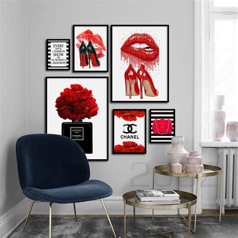 Fashion Paris Perfume Red Lips Flower Wall Art Canvas Painting Nordic Posters And Prints Wall