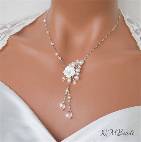 Freshwater Pearl And Crystal Beaded Wedding Necklace Sterling