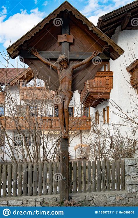 Jesus Christ Crucified On Wooden Roadside Cross South Tyrol Italy