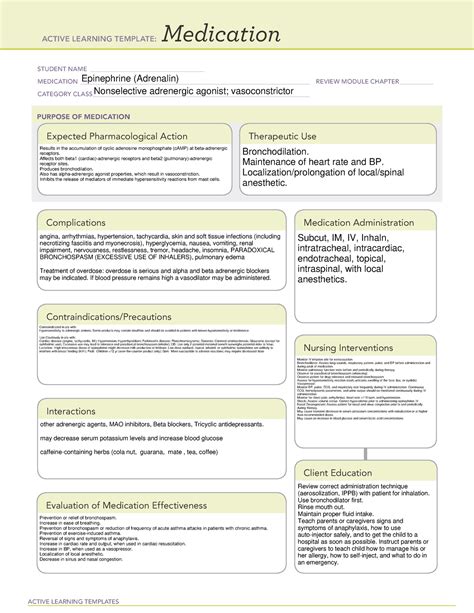 Epinephrine (adrenalin) - ACTIVE LEARNING TEMPLATES Medication STUDENT