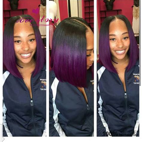 Purple Ombre Peruvian Full Lace Wig Bob Middle Part Layered 100 Human