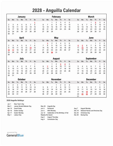 2028 Anguilla Calendar With Holidays