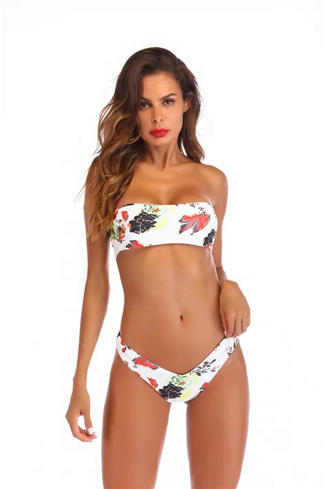2021 Women Sexy Bikini Set Bandeau Push Up Padded Swimwear Floral Printed Wrapped Chest Swimsuit
