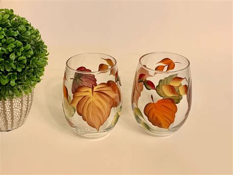 Painted Stemless Wine Glass With Fall Leaves Set Of 2 Etsy
