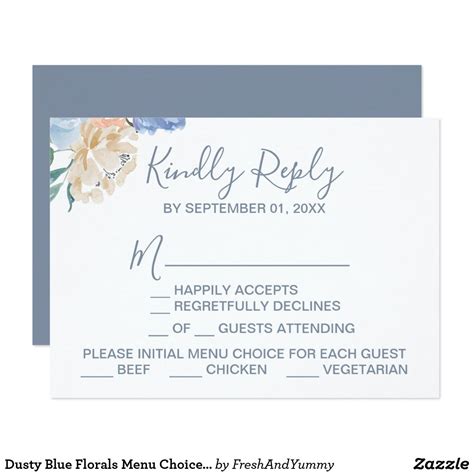 Bickham watermark monogram wedding menu cards custom designed for your wedding reception dinner with your wedding menu wording. Dusty Blue Florals Menu Choice RSVP Card | Zazzle.com in ...