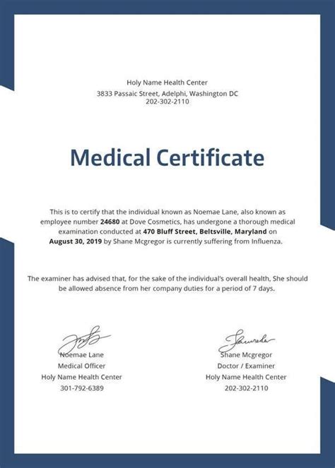 A Medical Certificate Is Shown In Blue And White