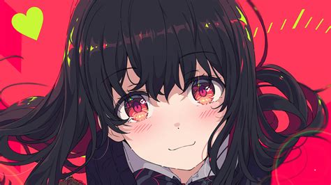 Long Hair Dark Hair Red Eyes Face Ogipote Blushing Smiling Anime