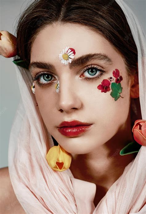 Premium Photo Make Up With Flowers Soft Aesthetic Fashion Look Collection