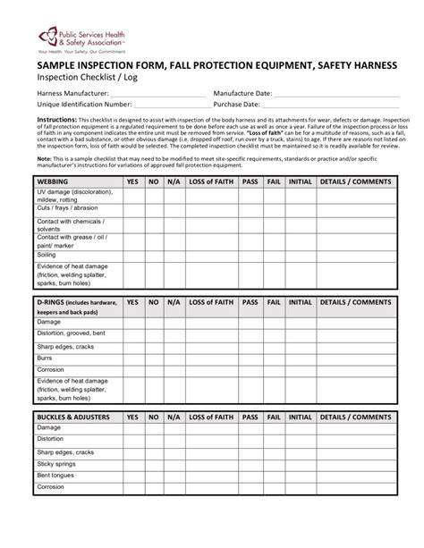 Harness Inspection Checklist Template Fall Protection Equipment Form