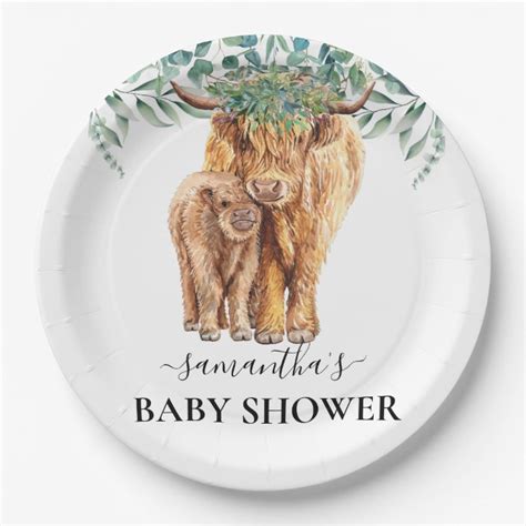 Highland Cow Calf Baby Shower Eucalyptus Paper Plates Zazzle