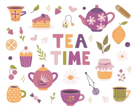 Premium Vector Tea Time Set Of Vector Elements Teapots Mugs Sweets In