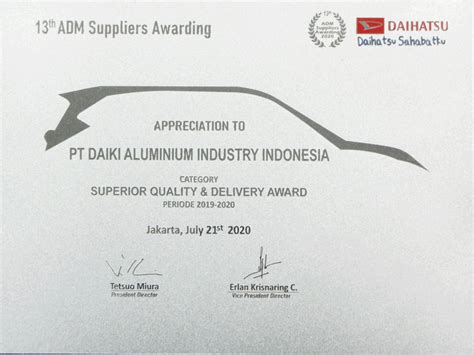Award Certificate From Pt Astra Daihatsu Motor Adm Pt Daiki