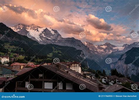 Jungfrau And Lauterbrunnen Valley Sunset Stock Image Image Of Berner