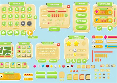 The kit includes a game example built with these systems. Colorful Casual Game GUI - Game Art 2D