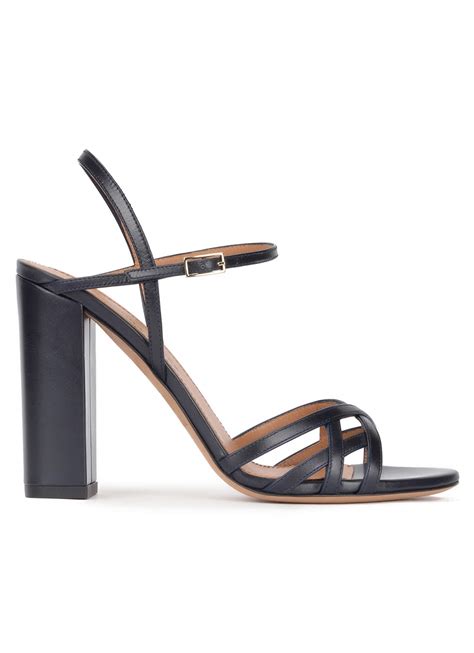 Ankle Strap High Block Heel Sandals In Navy Blue Leather PURA LOPEZ