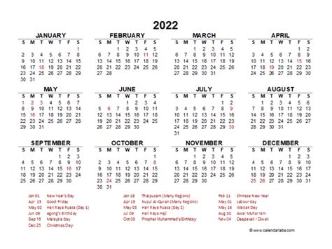 Printable Calendar 2022 For Malaysia Pdf 2022 Year At A Glance