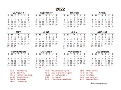 2022 Calendar Printable With Holidays Malaysia Calendar Template