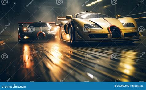 Nighttime Vray Tracing: Gold Bugatti Convertible and Racing Car Concept