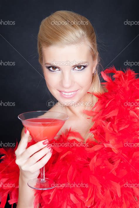 Close Up Portrait Of Young Blonde Woman With Martini Glass — Stock