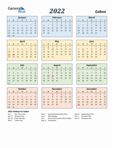 2022 Gabon Calendar With Sunday Start