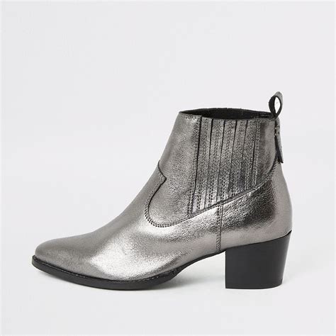 Silver Metallic Leather Western Ankle Boots River Island