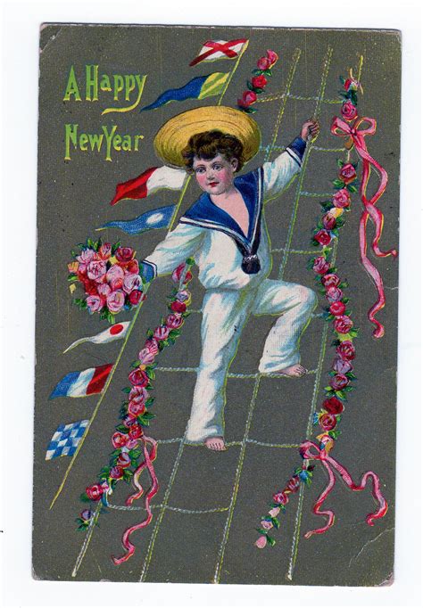 Old Postcard A Happy New Year Embossed Sailor Boy