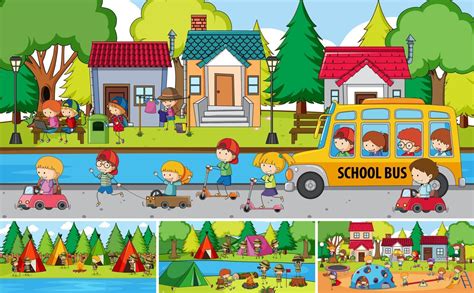 Outdoor Scene Set With Many Kids Doodle Cartoon Character 2174138