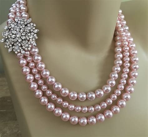 blush pearl necklace set with brooch 3 multi strands rosaline etsy pink pearl earrings pink