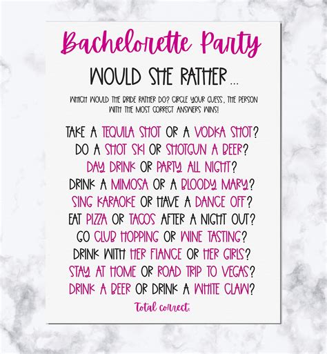 Would She Rather Bachelorette Party Printable Game Etsy