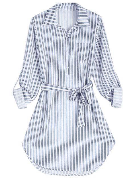 Belted Striped Long Sleeve Dress Stripe L Striped Long Sleeve Shirt