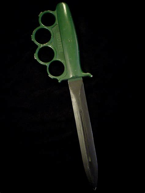 Vtg Us Ww2 Everitt Knuckle Fighting Knife Green Handle Double Edged