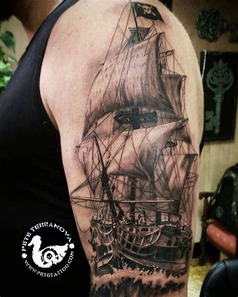 Black And Gray Sailing Ship Tattoo Ship Tattoo Sleeves Sleeve Tattoos
