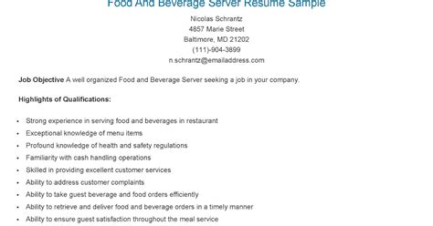 Fields related to food and beverage supervisor career: Resume Samples: Food And Beverage Server Resume Sample