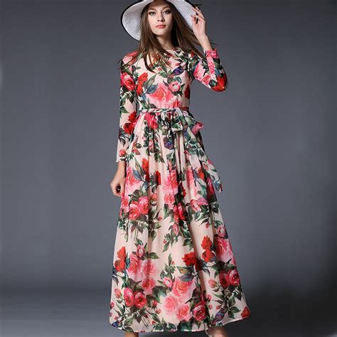 Summer 2018 Especially Women Long Sleeve Dresses Flower Print Chiffon Slim Long Sleeve Maxi