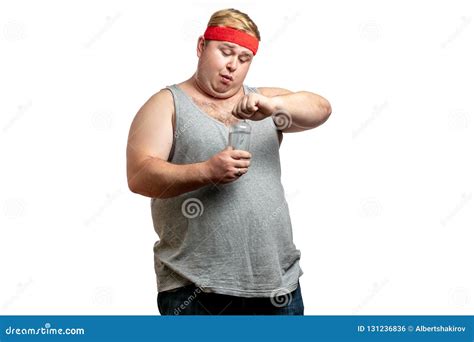 Chubby White Man Drinking Fresh Water After After Hard Exercises