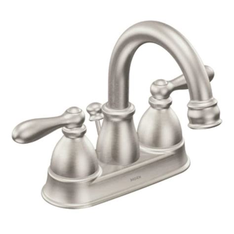 Before replacing a bathroom faucet, turn off the water supply using the valve behind the sink, and drain the pipes beneath the basin. Moen Caldwell Spot Resist Brushed Nickel 2-Handle 4-in ...