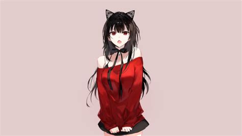 2400x1402 Skirt Girl Black Hair Red Eyes Wallpaper