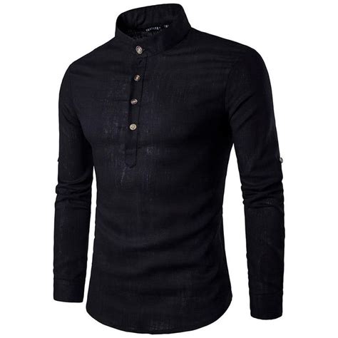 Men Long Sleeve Mandarin Collar Cotton Casual Shirt In 2020 Casual