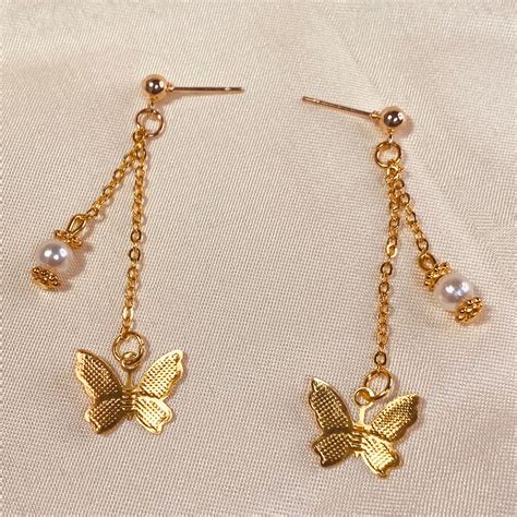 Butterfly Dangle Chain Earrings Gold Dangle Drop Earrings Etsy