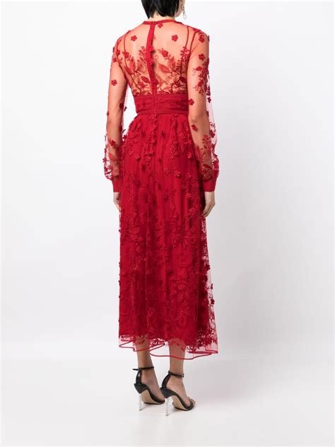Elie Saab Embroidered Tulle Midi Dress In Red | ModeSens
