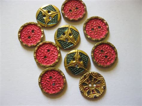 Small Lot Of Vintage Gold Coloured Metal Buttons With Various Painted