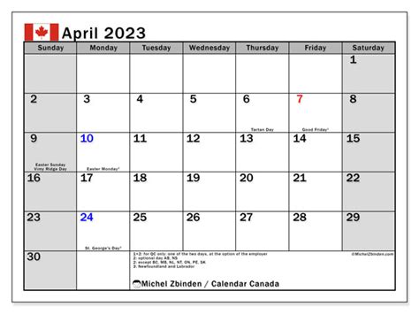Calendar April 2023 Canada Michel Zbinden Ca