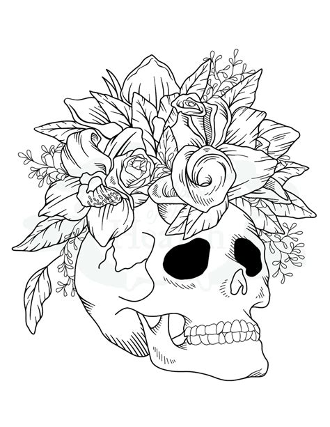 Skull With Flowers Printable Coloring Page Etsy