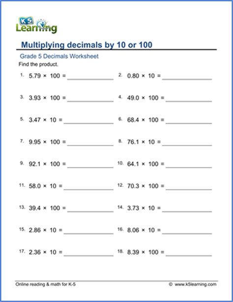 Below are six versions of our grade 5 math worksheet on multiplying two decimal numbers by each other; Grade 5 Math Worksheets: Multiplying decimals by 10 or 100 ...