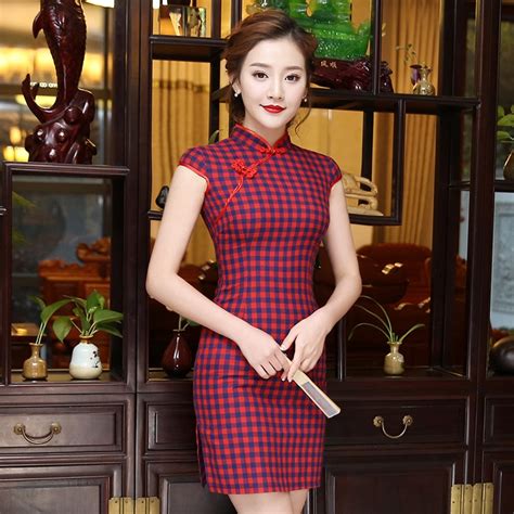 Vintage Plaid Chinese Traditional Dress Women Summer Cotton Linen Qipao