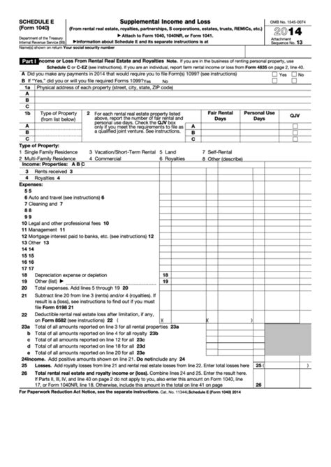 Fillable Schedule E Form 1040 Supplemental Income And Loss 2014