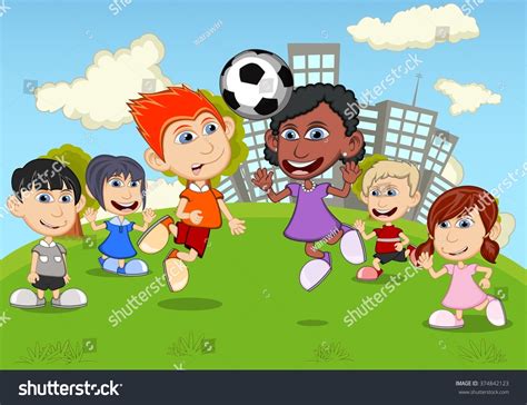 「children Playing Soccer Park Cartoon Vector」のベクター画像素材（ロイヤリティフリー