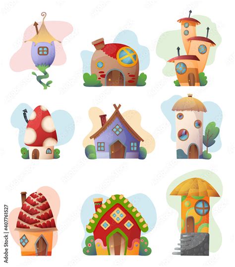 Fantasy House Set Cartoon Fairy Treehouse And Housing Village