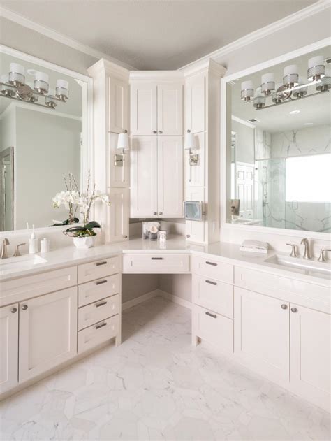 Double sink bathroom vanities are manufactured in a. Bathroom Corner Double Vanity | HGTV