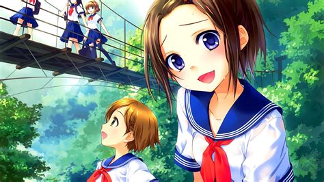 Wallpaper Forest Illustration Looking Away Anime Girls Blue Eyes
